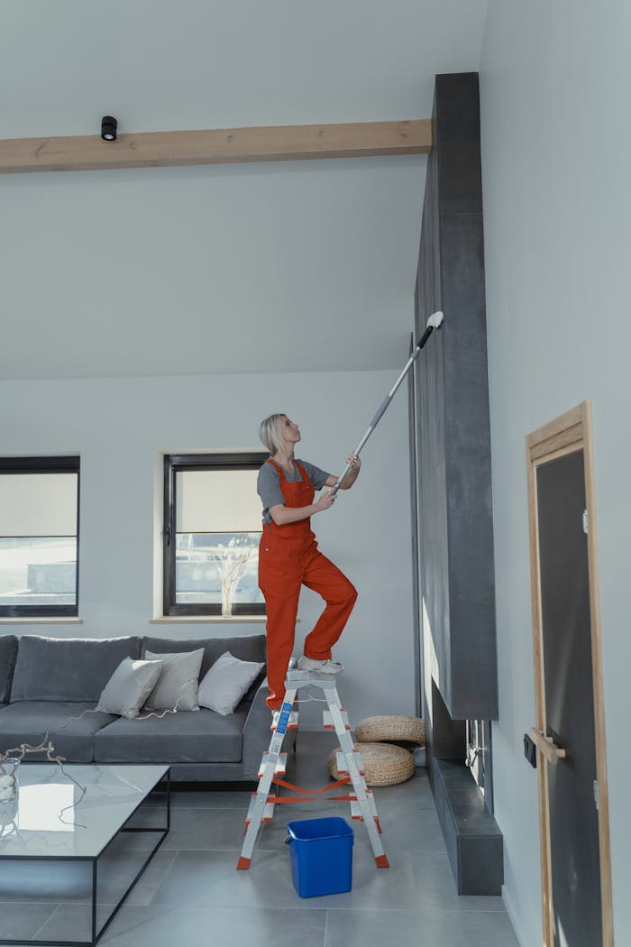 about-img Woman in overalls on a ladder cleaning a high wall in a stylish modern living room.